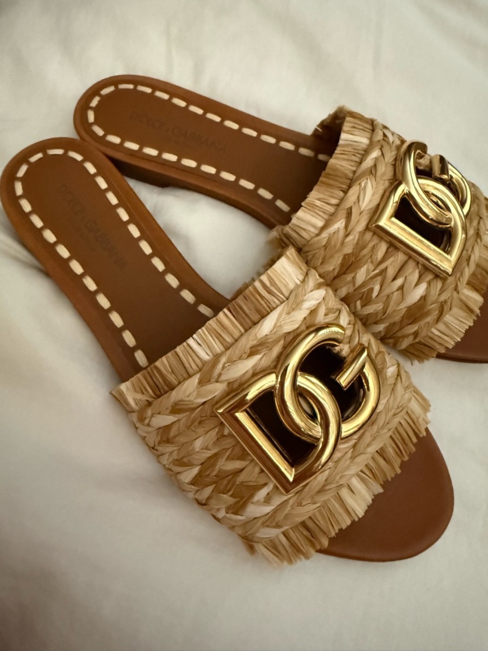 NEW Dolce & Gabbana Raffia Slide Sandals with Gold DG Emblem 38 - Picture 5 of 10